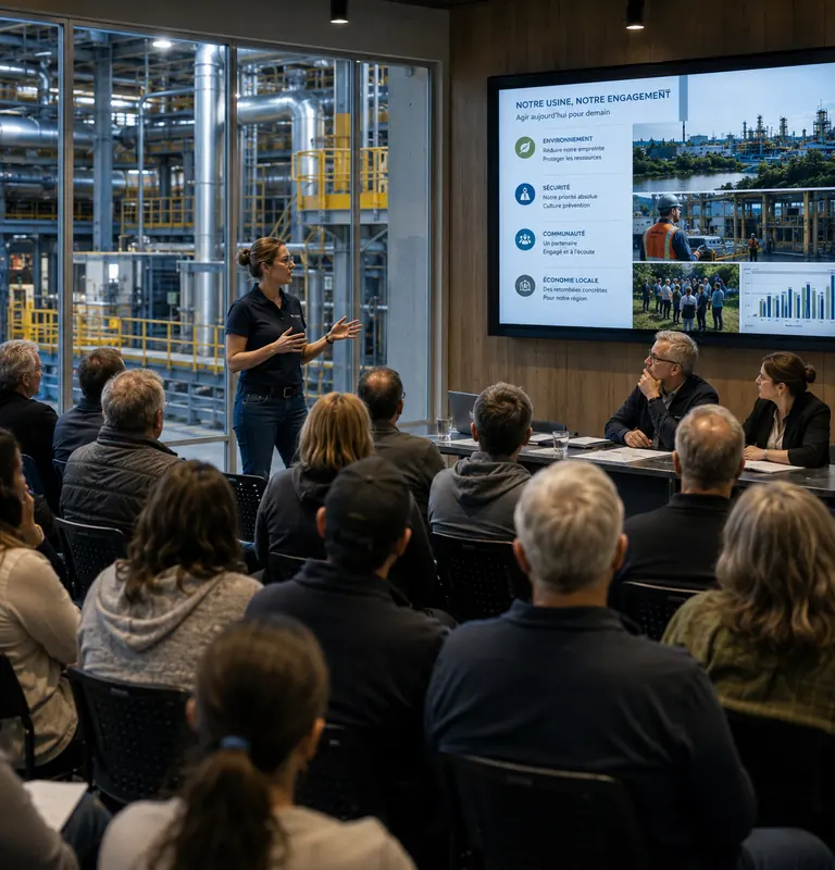 audit-esg-acceptabilite-sociale-parties-prenantes Rencontre d'information entre une organisation industrielle et des parties prenantes locales dans le cadre d'une démarche d'acceptabilité sociale et d'audit ESG.