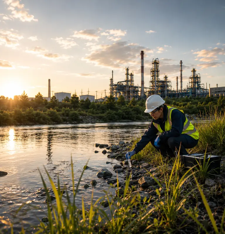 audit-esg-environnement-conformite-environnementale Échantillonnage environnemental réalisé près d'une installation industrielle dans le cadre d'un audit ESG et d'une vérification de conformité environnementale.